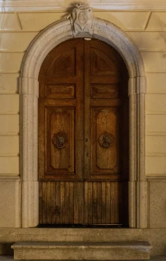 Una porta di legno ad arco decorata, incastonata nella facciata di Palazzo Pecci, con battenti decorativi a forma di testa di leone.